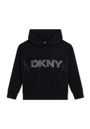 Felpa nera con cappuccio realizzata in morbido tessuto, caratterizzata da un grande logo DKNY impreziosito da scintillanti strass sul petto e una tasca a marsupio frontale.