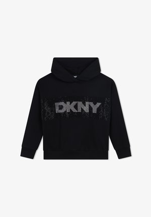 Felpa nera con cappuccio realizzata in morbido tessuto, caratterizzata da un grande logo DKNY impreziosito da scintillanti strass sul petto e una tasca a marsupio frontale.