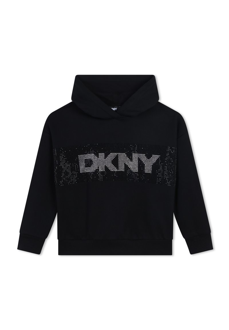 Felpa nera con cappuccio realizzata in morbido tessuto, caratterizzata da un grande logo DKNY impreziosito da scintillanti strass sul petto e una tasca a marsupio frontale.