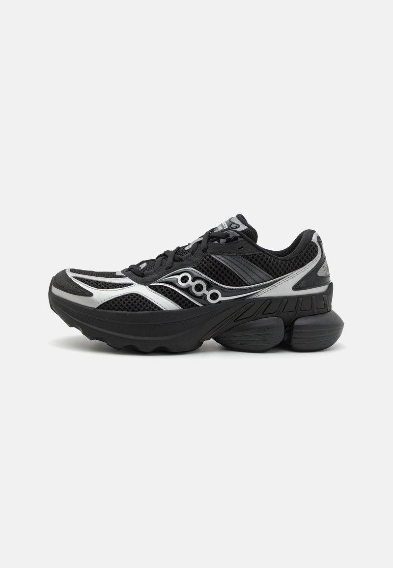 Mesh black running shoe with silver accents, rounded toe, cushioned sole, and patterned design on the sides. Features laces and a padded collar.
