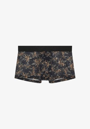 Zwarte boxershorts met een patroon, voorzien van een elastische tailleband met de merknaam. Het design bevat veelzijdige abstracte texturen in verschillende kleuren.