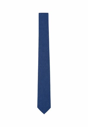Cravatta semplice blu scuro con un motivo leggermente strutturato, mostrata distesa su sfondo bianco.