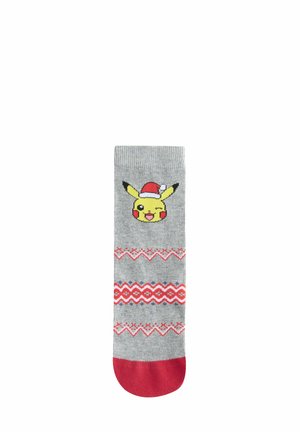 Gray sock with red toe, featuring a winking Pikachu wearing a Santa hat and red patterned horizontal stripes.
