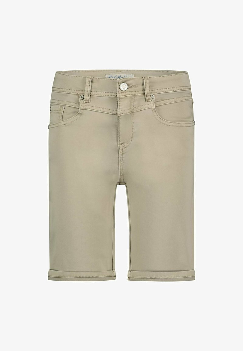 Lichtbeige shorts van gladde stof, met een opgerolde zoom, een klassiek vijf-pocket ontwerp en een voor sluiting met een metalen accent.