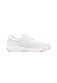 Weiße Sneaker aus glattem synthetischem Material mit Schnürsenkeln, einem gepolsterten Schaft und einer strukturierten, leichten Gummisohle. Verfügt über ein minimalistisches Design.
