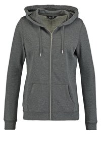 Felpa grigia con zip, realizzata in tessuto morbido, dotata di cappuccio con cordino, due tasche anteriori e polsini a costine. Ideale per un look casual.