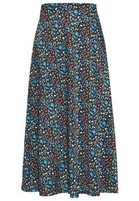 Floraler Maxirock aus schwarzem Stoff mit roten, blauen und cremefarbenen Blumen. Verfügt über einen elastischen Bund und eine fließende Form.