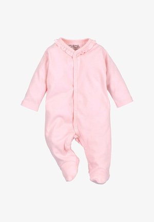 Rosa Baumwoll-Overall mit langen Ärmeln, volants am Vorderteil und Druckknopfverschluss. Verfügt über ein Fußdesign und eine weiche, glatte Textur.