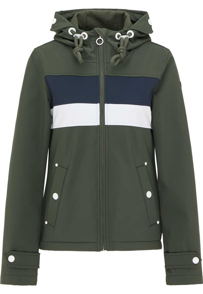 Veste vert foncé avec capuche. Dotée de rayures horizontales bleu marine et blanches, fermeture à glissière à l'avant et poches à bouton-pression. Texture douce.