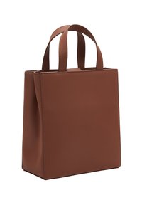 Brązowa skórzana torba typu tote o kwadratowym kształcie, z podwójnymi uchwytami i gładką teksturą. Brak widocznych wzorów lub elementów metalowych.