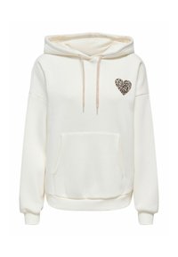 Kremfarget hettegenser laget av mykt stoff. Har en kengurulomme og et leopardmønstret hjerte på venstre bryst. Ribbestrikkede mansjetter og nederkant.