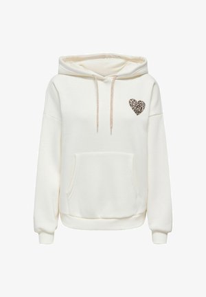 Kremfarget hettegenser laget av mykt stoff. Har en kengurulomme og et leopardmønstret hjerte på venstre bryst. Ribbestrikkede mansjetter og nederkant.