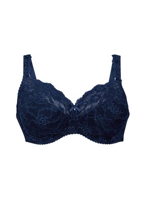 Navy lace balconette bra with adjustable straps, floral patterns, and a small bow detail at the center front. Textured lace overlay.