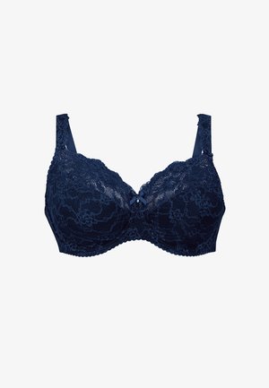 Navy lace balconette bra with adjustable straps, floral patterns, and a small bow detail at the center front. Textured lace overlay.