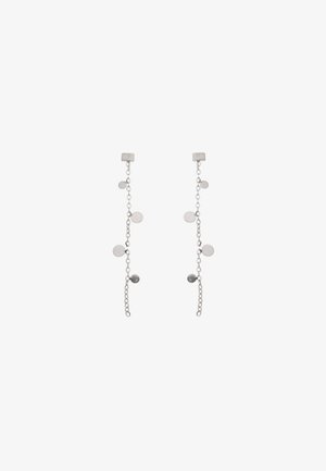 Sølvkædeøreringe med små runde skiver fordelt langs længden, fastgjort til rektangulære søm.