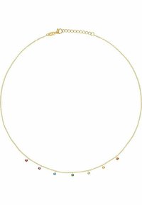 Goldfarbene Kettenhalskette mit fünf mehrfarbigen Edelsteinakzenten, ausgestattet mit einem Federverschluss und verstellbarer Länge.
