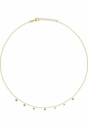 Goldfarbene Kettenhalskette mit fünf mehrfarbigen Edelsteinakzenten, ausgestattet mit einem Federverschluss und verstellbarer Länge.