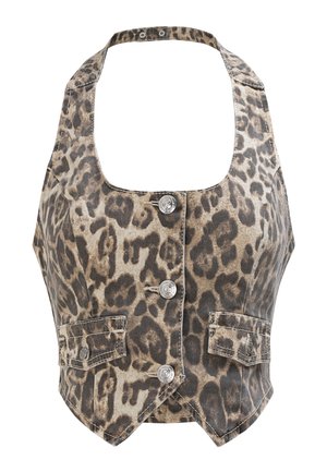 Mouwloze haltertop met bruin- en beige luipaardprint, zilveren knopen aan de voorkant en twee klepzakken op de taille.