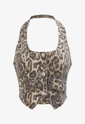 Ärmelloses Neckholder-Top mit braun-beigem Leopardenmuster, silbernen Knöpfen vorne und zwei Klappentaschen an der Taille.