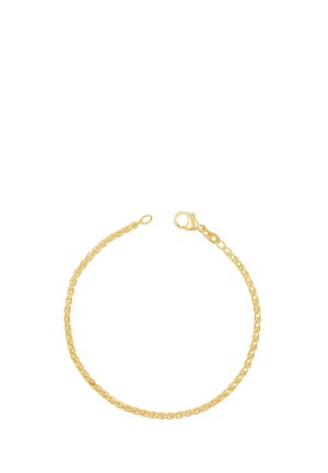 Zartes Goldkettchen-Armband mit Karabinerverschluss auf weißem Hintergrund.