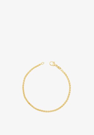 Zartes Goldkettchen-Armband mit Karabinerverschluss auf weißem Hintergrund.