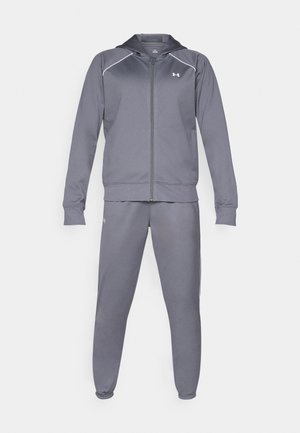 Gray athletic tracksuit made of smooth fabric. Features a zip-up hoodie and elastic waistband pants with cuffs. Subtle reflective accents.