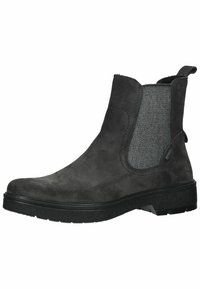 Schwarze Wildleder-Ankle-Boots mit elastischen Seitenpaneelen und strukturiertem Gummiaußensohle. Verfügt über eine Zuglasche an der Rückseite für einfaches Anziehen.