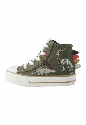 Grüner Canvas-High-Top-Sneaker mit weißer Gummikappe und Sohle. Verziert mit Dinosaurier-Motiven und mehrfarbigen Stoffakzenten an der Ferse.