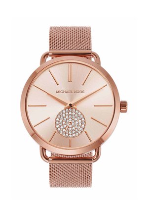 Michael Kors Armbanduhr in Roségold mit Mesh-Armband, minimalistischem Zifferblatt, Stab-Stundenmarkierungen und kleinem, mit Kristallen besetztem Hilfszifferblatt bei 6 Uhr.