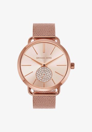 Montre-bracelet Michael Kors en or rose avec bracelet en maille, cadran minimaliste, index horaires en bâtons et petit sous-cadran serti de cristaux à 6 heures.