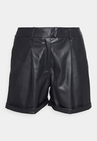 Czarne szorty z sztucznej skóry o dopasowanym kroju, z przednimi zakładkami i podwiniętymi mankietami dla uzyskania wyrazistego wyglądu. Gładka, błyszcząca faktura.