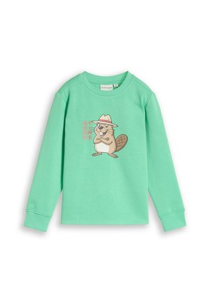 Mintgroen shirt met lange mouwen met cartoon-bever met hoed en tekst "GOOD TIME" op de voorkant.