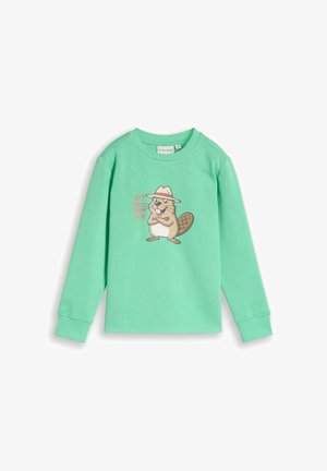 Mintgroen shirt met lange mouwen met cartoon-bever met hoed en tekst "GOOD TIME" op de voorkant.