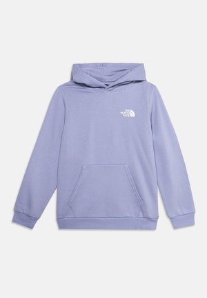 Sweat à capuche violet clair avec poche kangourou devant et logo blanc The North Face sur la poitrine gauche.