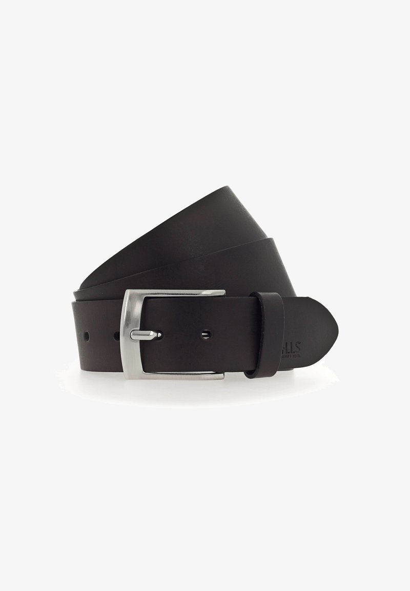 Black leather belt with a smooth texture, featuring a silver metal rectangular buckle and multiple adjustment holes.