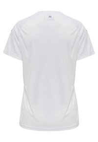 Tricou sport alb simplu, cu mânecă scurtă, văzut din spate, cu un detaliu subtil al siglei lângă decolteu.