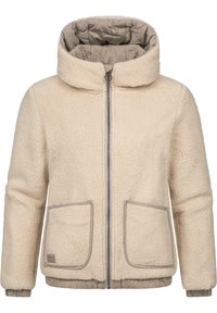 Krämefärgad fleecejacka med hög krage, dragkedja fram, två framfickor och elastiska ärmslut, med en texturerad tygfinish.
