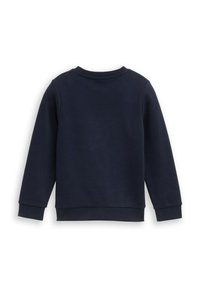 Felpa girocollo blu navy realizzata in tessuto morbido, con maniche lunghe e polsini a coste. Design semplice, senza loghi o motivi visibili.