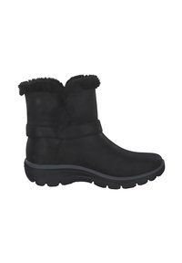 Bottines noires avec une bordure en fausse fourrure, en matériau synthétique lisse, à bout arrondi et avec une semelle en caoutchouc rembourrée pour un confort renforcé.