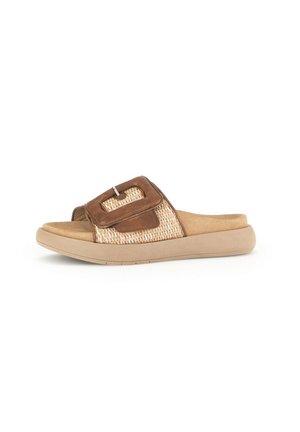 Slide sandal featuring a woven beige textile upper with a brown leather strap and buckle detail, set on a beige rubber sole.