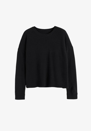 Maglione nero in tessuto morbido, caratterizzato da un ampio scollo rotondo, spalle cadenti e polsini a coste con orlo corto.
