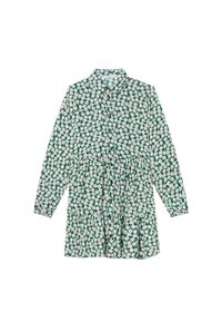 Abito camicia verde a fiori con maniche lunghe, chiusura con bottoni e vita arricciata. Presenta margherite bianche su uno sfondo verde.