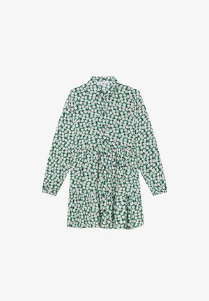Grünes Blumenkleid mit langen Ärmeln, Knopfleiste vorne und gerafftem Taillenbereich. Mit weißen Gänseblümchen auf einem grünen Hintergrund.