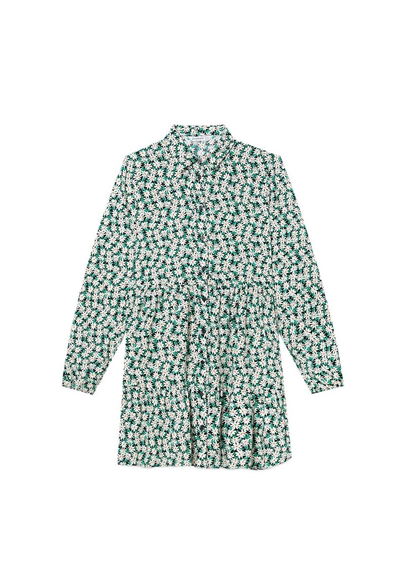 Abito camicia verde a fiori con maniche lunghe, chiusura con bottoni e vita arricciata. Presenta margherite bianche su uno sfondo verde.