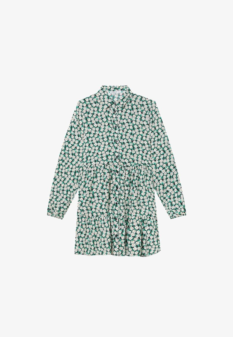 Abito camicia verde a fiori con maniche lunghe, chiusura con bottoni e vita arricciata. Presenta margherite bianche su uno sfondo verde.