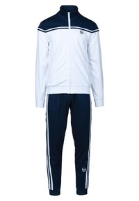 Trainingspak met een witte zip-up jas met een marineblauwe kraag en strepen, gecombineerd met marineblauwe broek met witte zijstrepen en logodetail.