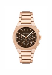 Armbanduhr aus rosévergoldetem Edelstahl mit braunem Zifferblatt, kontrastierenden Stundenmarkierungen, drei Subdials und einer Datumsanzeige auf der 6-Uhr-Position.