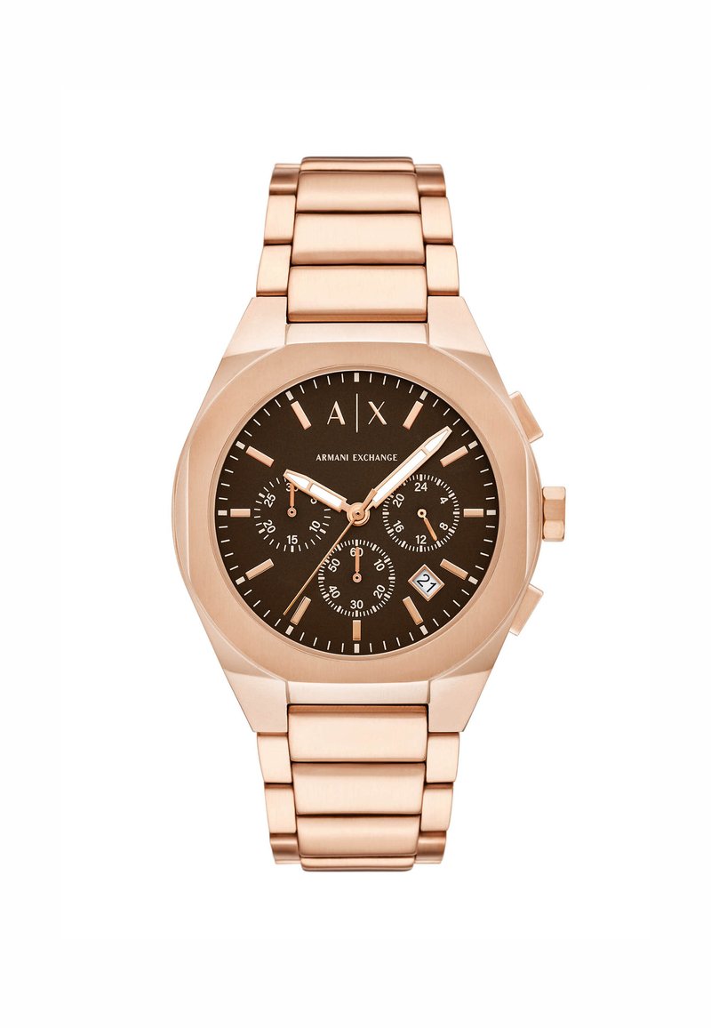 Armbanduhr aus rosévergoldetem Edelstahl mit braunem Zifferblatt, kontrastierenden Stundenmarkierungen, drei Subdials und einer Datumsanzeige auf der 6-Uhr-Position.