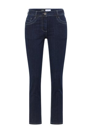Dunkelblaue Damen Slim-Fit Denim-Jeans mit Knopf- und Reißverschluss, Vorder- und Gesäßtaschen sowie kontrastierenden Nähten.