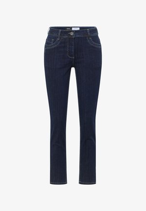 Mørkeblå slim-fit damejeans i denim med knap- og lynlåslukning, lommer foran og bagpå samt kontrastsyning.